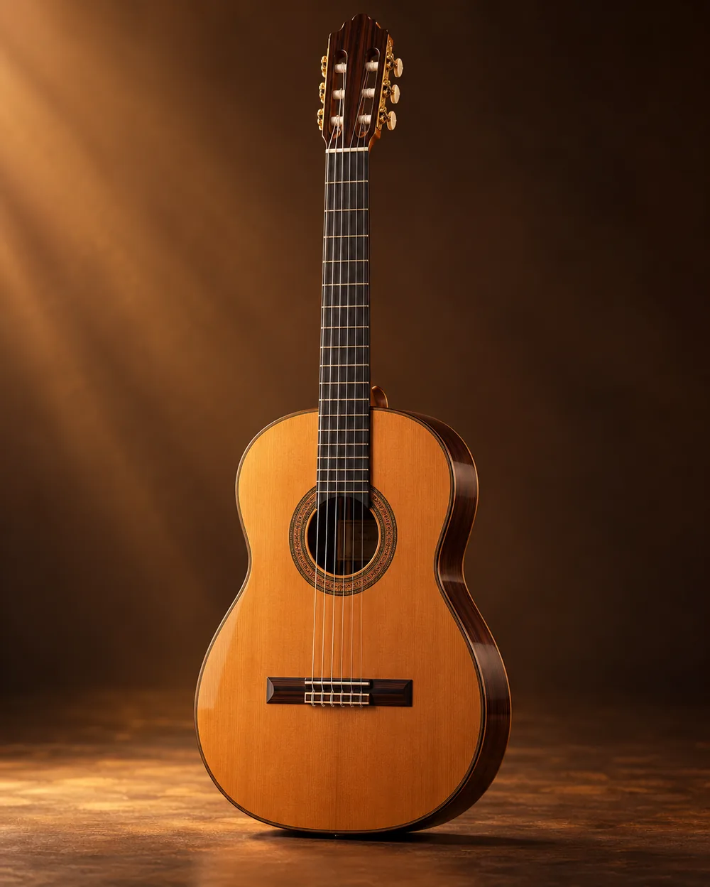 Gitara klasyczna z cedrową płytą w ciepłym, bursztynowym świetle