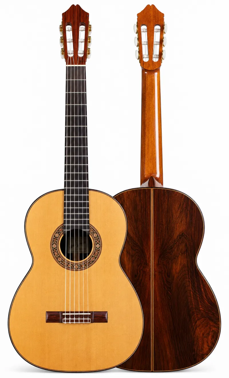 Lutnicza gitara klasyczna profesjonalna — widok z przodu i od tyłu, jasna płyta wierzchnia i ciemny, rysowany tył